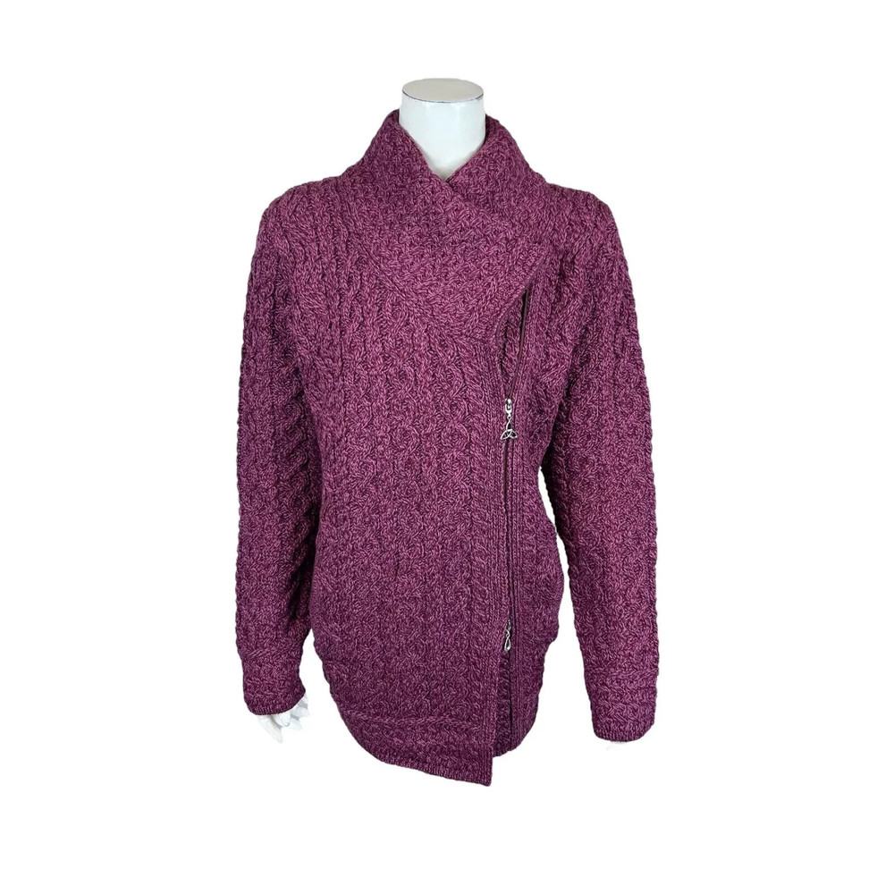 Aran Craft Petite Merino Wool Long Asymmetric Zip Front Sweater Magenta PM Size